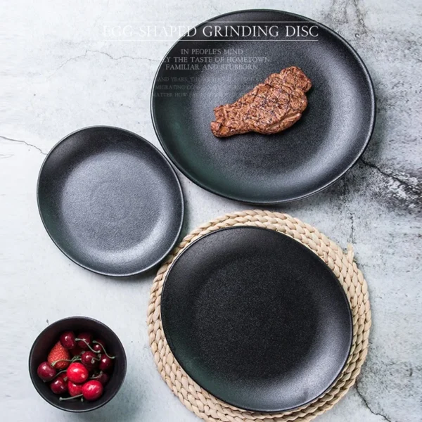 Eco-Friendly High Temperature Ceramic Tableware Black Porcelain Dinnerware Plates Stripe Durable Kitchenware Irregular Black
