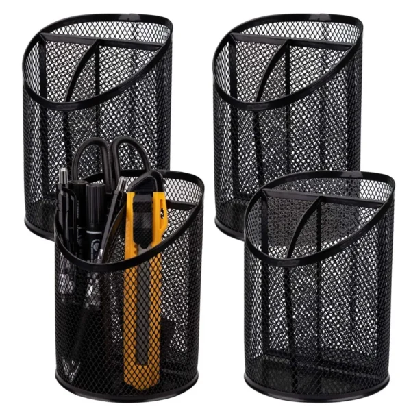 Round Steel Mesh Pen Holder Metal Pencil Desk Holder Organizer with Devided 3 Compartments Desk Office Pen Organizer