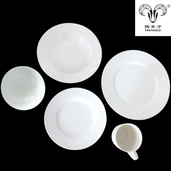 Fine White Embossed Ceramic Tableware Dinner Set 5 Pcs Dinnerware