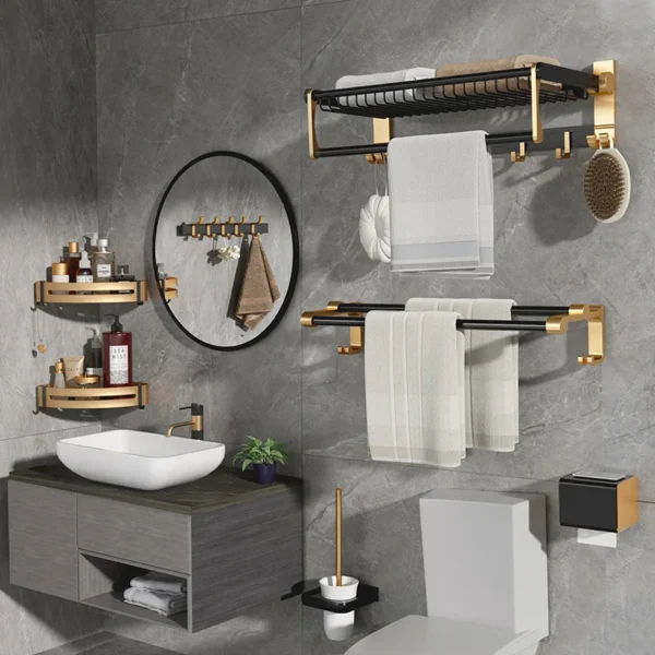 Aluminum Folding Storage Rack Hardware Bathroom Accessories Black Gold Towel Rack Set