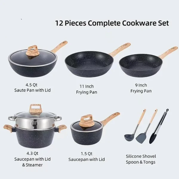12PCS White Black High Quality Nonstick Medical Stone Wooden Handle Frying Pan Wok Soup Pots Granite Cookware Set for Cooking