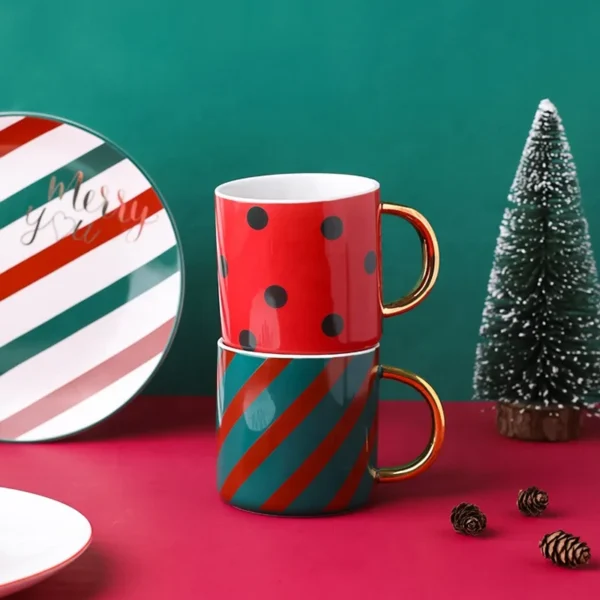 Christmas Design Ceramic Tableware Set 8" Ceramic Plate 4.5" Salad Cake Bowl 400ml Ceramic Coffee Mug Cup With Golden Handle