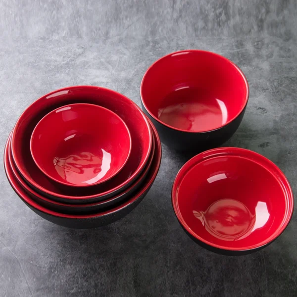 Japanese Ceramic Bowl for Serving Salad Soup Ramen Inside Deep Black with Red Accent Porcelain Tableware