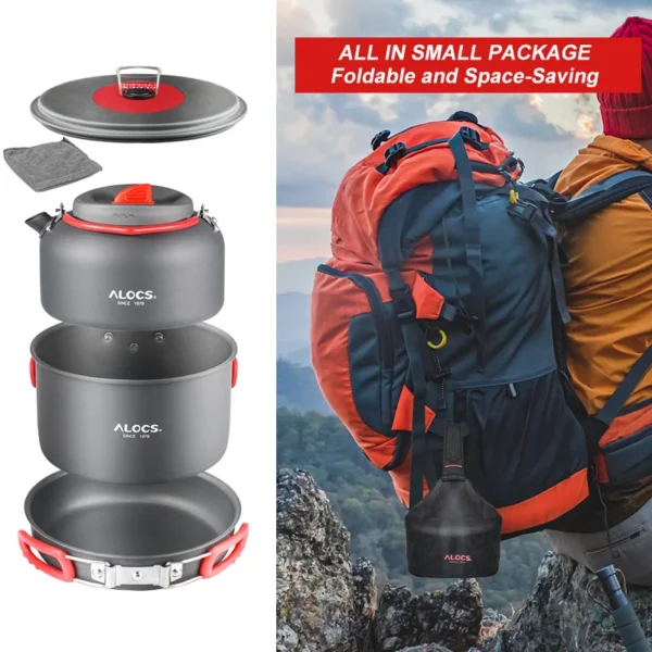 Kingpool Portable Lightweight Camping Cookware Set Outdoor Gear Hiking Fishing Picnic Cooking Pots and Pans Mess Kit with Kettle